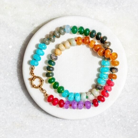 Chunky Beaded Choker waterproof Gold Charm Clasp Colorful Gemstone Necklace CUTE - Picture 4 of 12